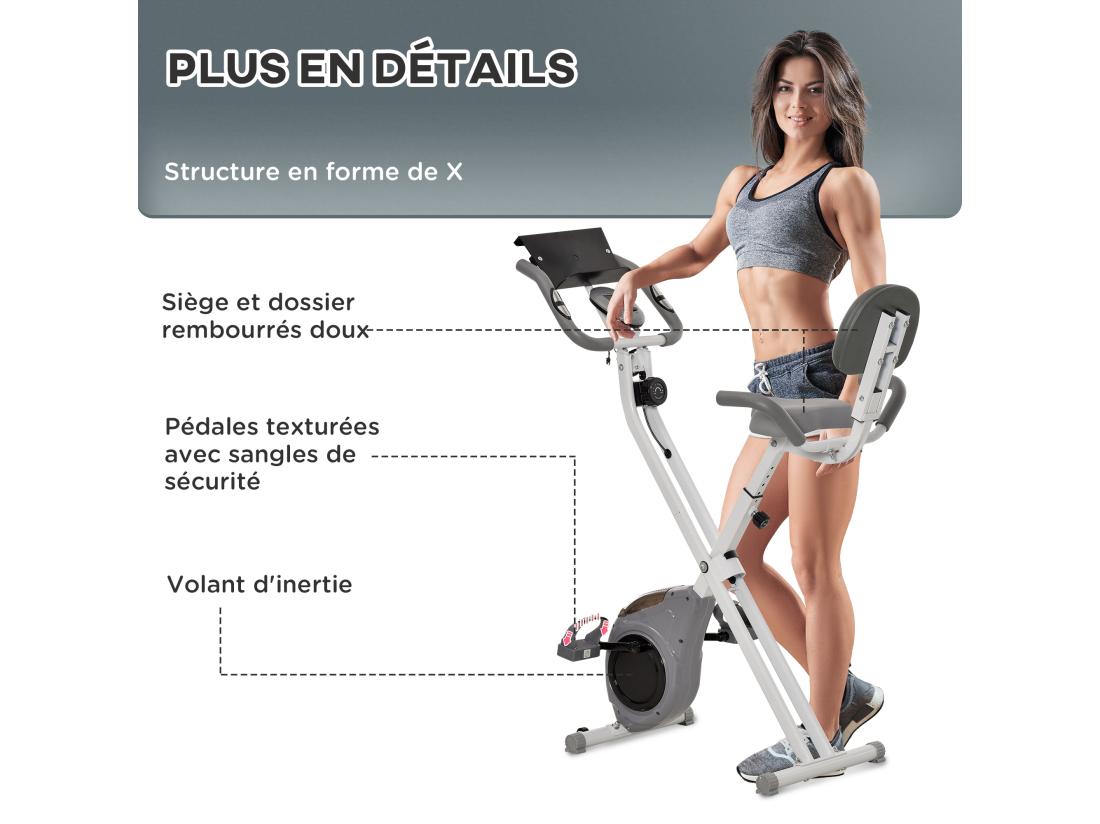 Vente Unique Vélo D'appartement Pliable Grand Confort Dossier Selle Réglable Poignées Ergonomiques écran LCD Multifonction Support Tablette Acier Blanc Gris