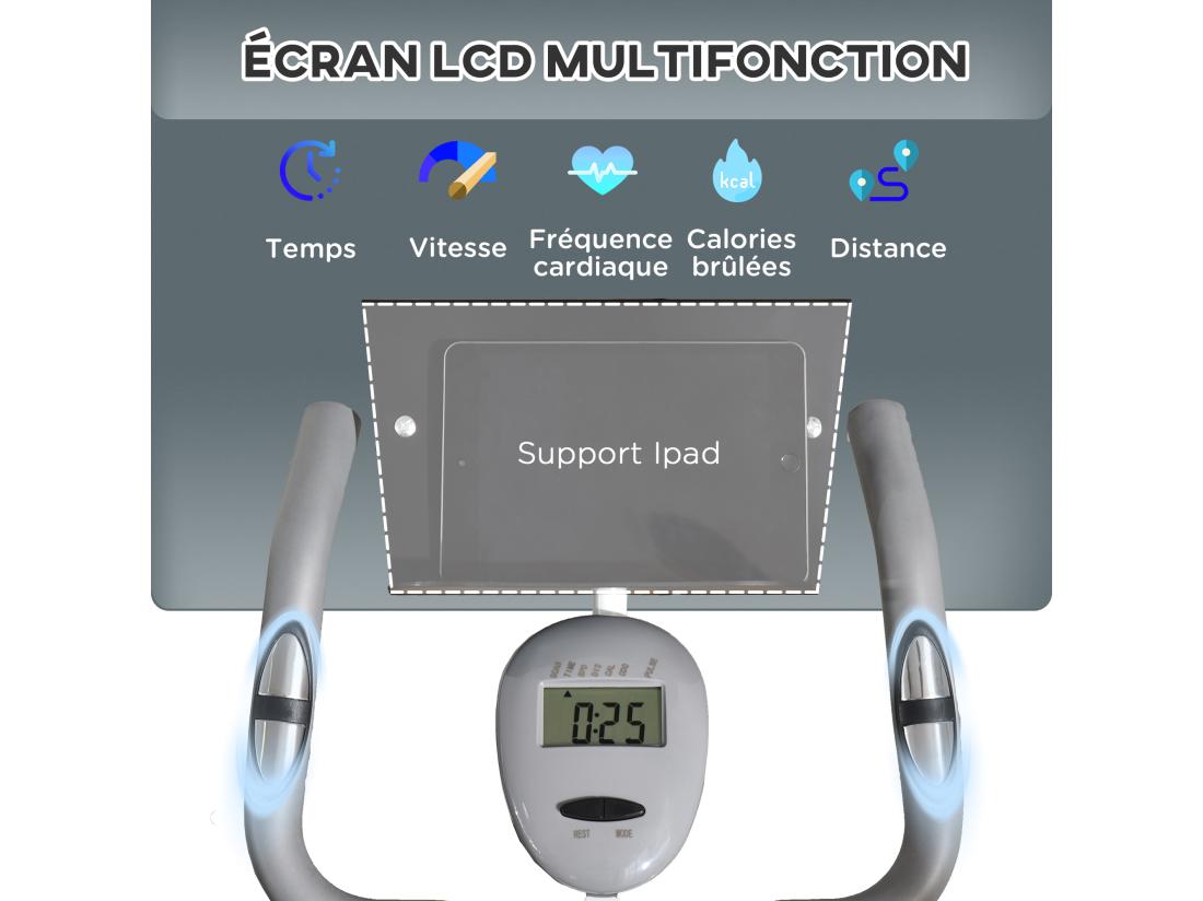 Vente Unique Vélo D'appartement Pliable Grand Confort Dossier Selle Réglable Poignées Ergonomiques écran LCD Multifonction Support Tablette Acier Blanc Gris