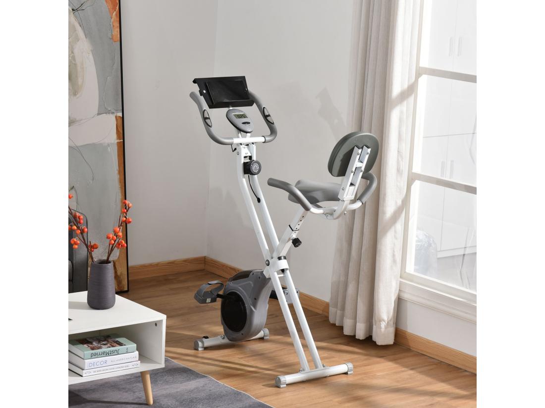 vente unique Vélo d'appartement pliable grand confort dossier selle réglable poignées ergonomiques écran LCD multifonction support tablette acier blanc gris