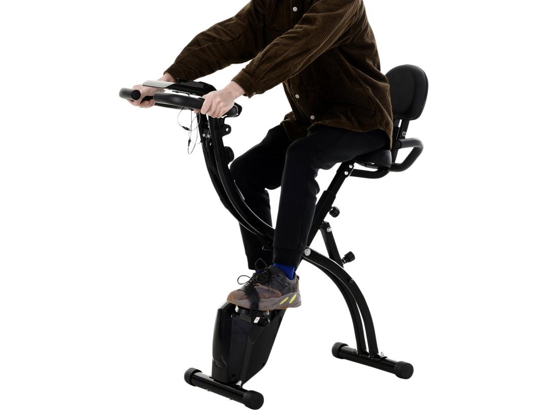 Vente Unique Vélo D'appartement Pliant 8 Niveaux De Résistance Magnétique Dossier Selle Réglable Poignées Ergonomiques écran LCD Multifonction Suspensions Support Tablette Acier Noir