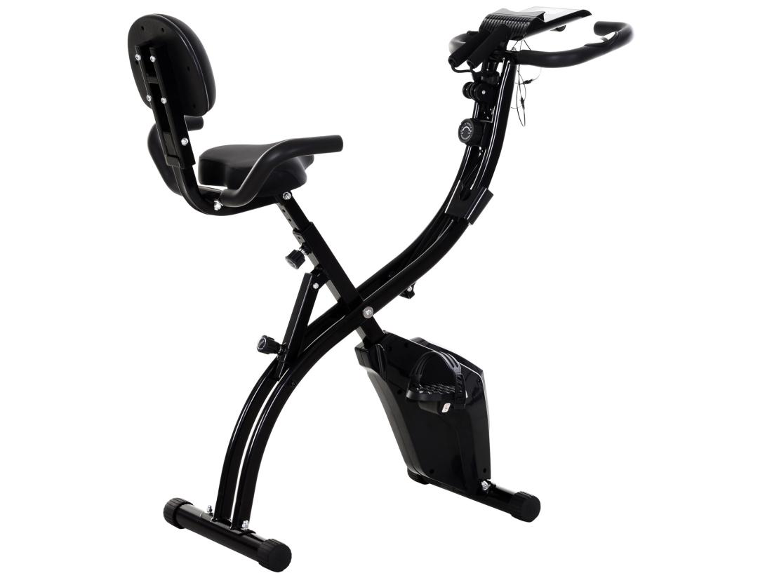 vente unique Vélo d'appartement pliant 8 niveaux de résistance magnétique dossier selle réglable poignées ergonomiques écran LCD multifonction suspensions support tablette acier noir