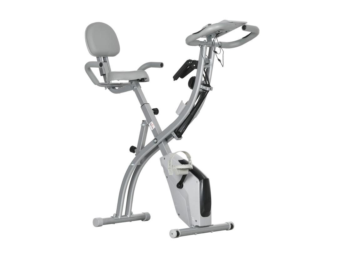 Vente Unique Vélo D'appartement Pliant 8 Niveaux De Résistance Magnétique Dossier Selle Réglable Poignées Ergonomiques écran LCD Multifonction Suspensions Support Tablette Acier Gris