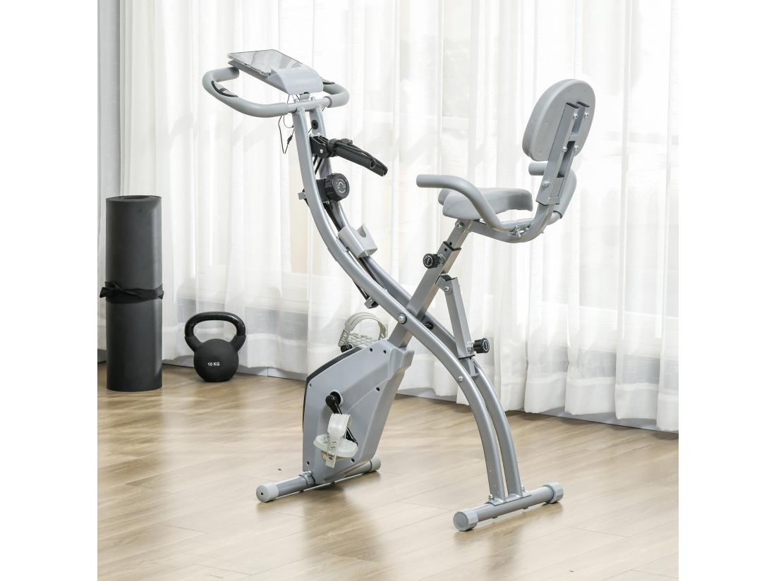 vente unique Vélo d'appartement pliant 8 niveaux de résistance magnétique dossier selle réglable poignées ergonomiques écran LCD multifonction suspensions support tablette acier gris