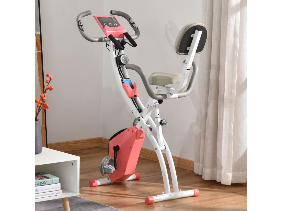 Vente Unique Vélo D'appartement Pliant 8 Niveaux De Résistance Magnétique Dossier Selle Réglable Poignées Ergonomiques écran LCD Multifonction Suspensions Support Tablette Acier Rose Blanc