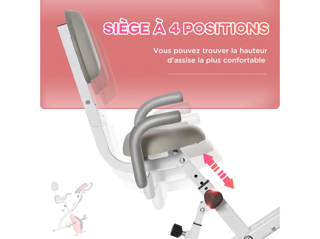 Vente Unique Vélo D'appartement Pliant 8 Niveaux De Résistance Magnétique Dossier Selle Réglable Poignées Ergonomiques écran LCD Multifonction Suspensions Support Tablette Acier Rose Blanc