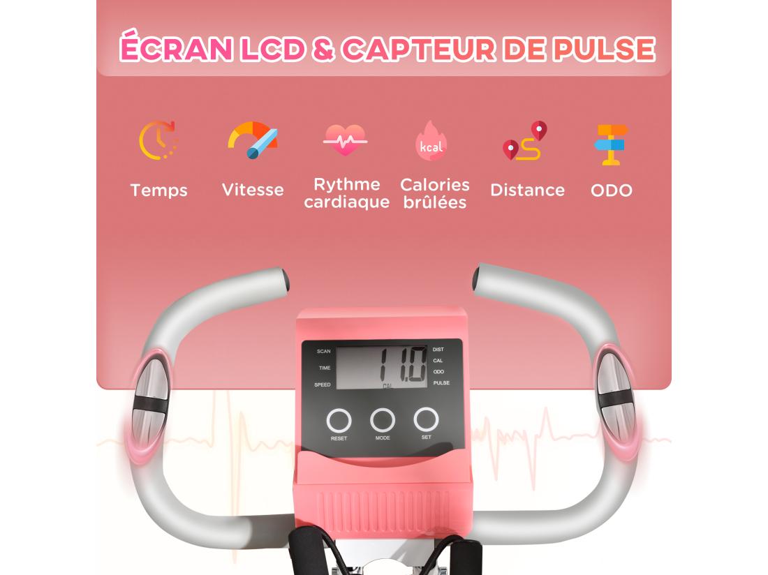 Vente Unique Vélo D'appartement Pliant 8 Niveaux De Résistance Magnétique Dossier Selle Réglable Poignées Ergonomiques écran LCD Multifonction Suspensions Support Tablette Acier Rose Blanc