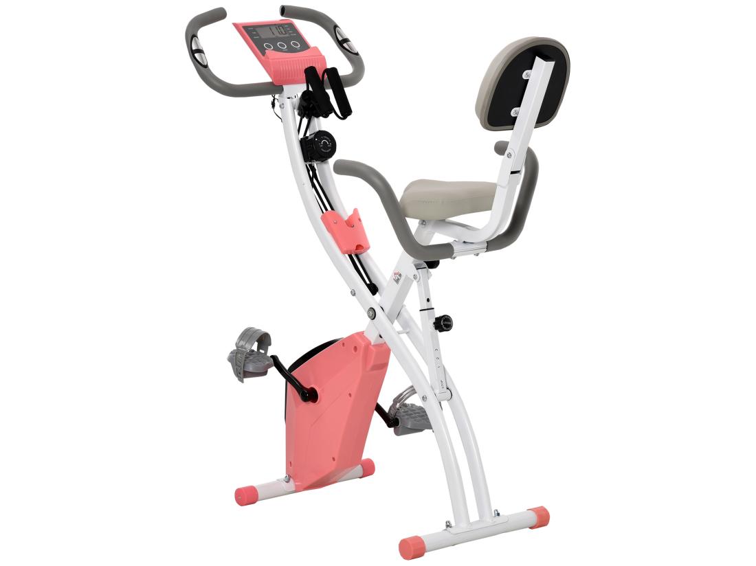 vente unique Vélo d'appartement pliant 8 niveaux de résistance magnétique dossier selle réglable poignées ergonomiques écran LCD multifonction suspensions support tablette acier rose blanc