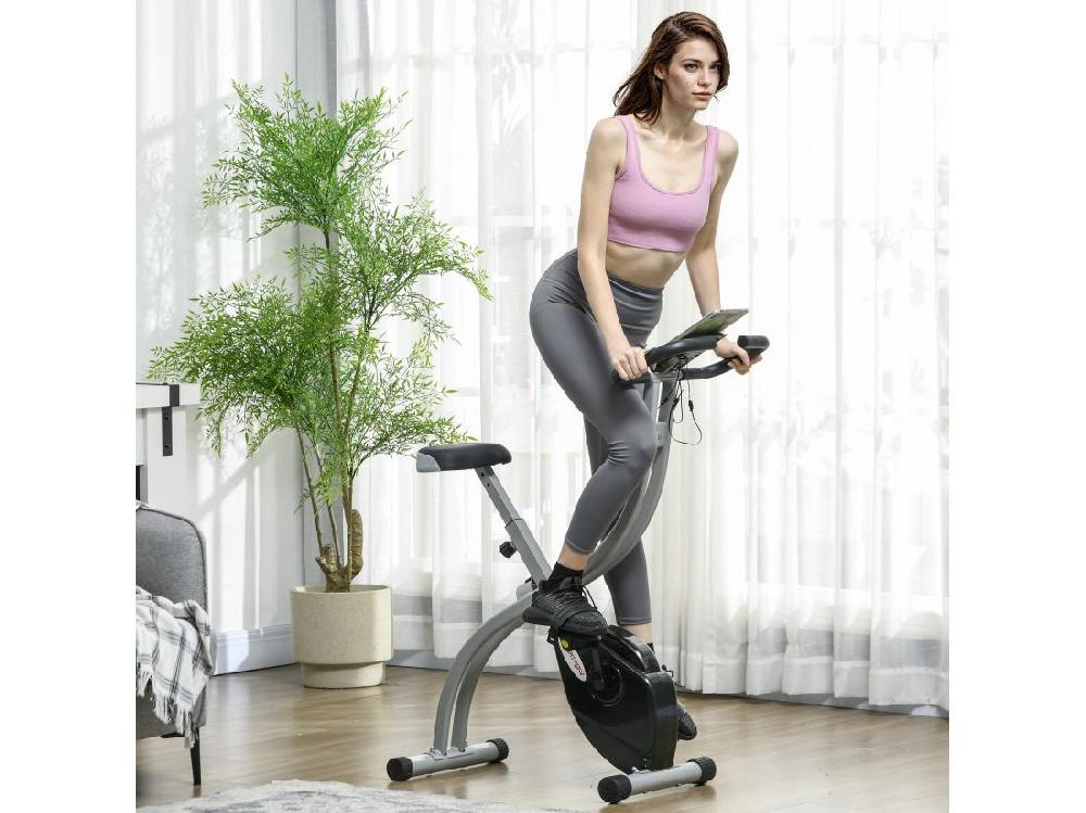 Vente Unique Vélo D'appartement Pliant Vélo De Fitness Vélo D'intérieur 8 Niveaux De Résistance Magnétique Selle Réglable Poignées écran LCD Multifonction Support Tablette Acier Gris