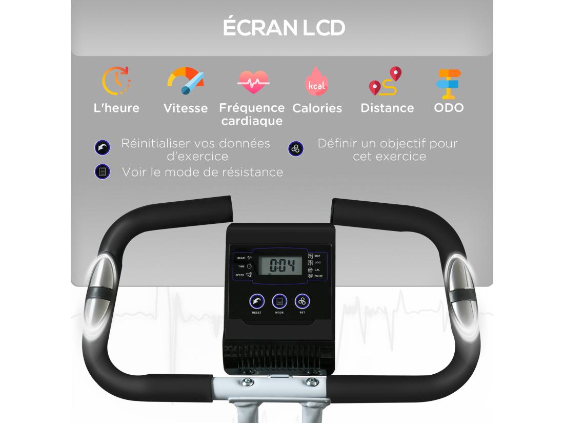 Vente Unique Vélo D'appartement Pliant Vélo De Fitness Vélo D'intérieur 8 Niveaux De Résistance Magnétique Selle Réglable Poignées écran LCD Multifonction Support Tablette Acier Blanc