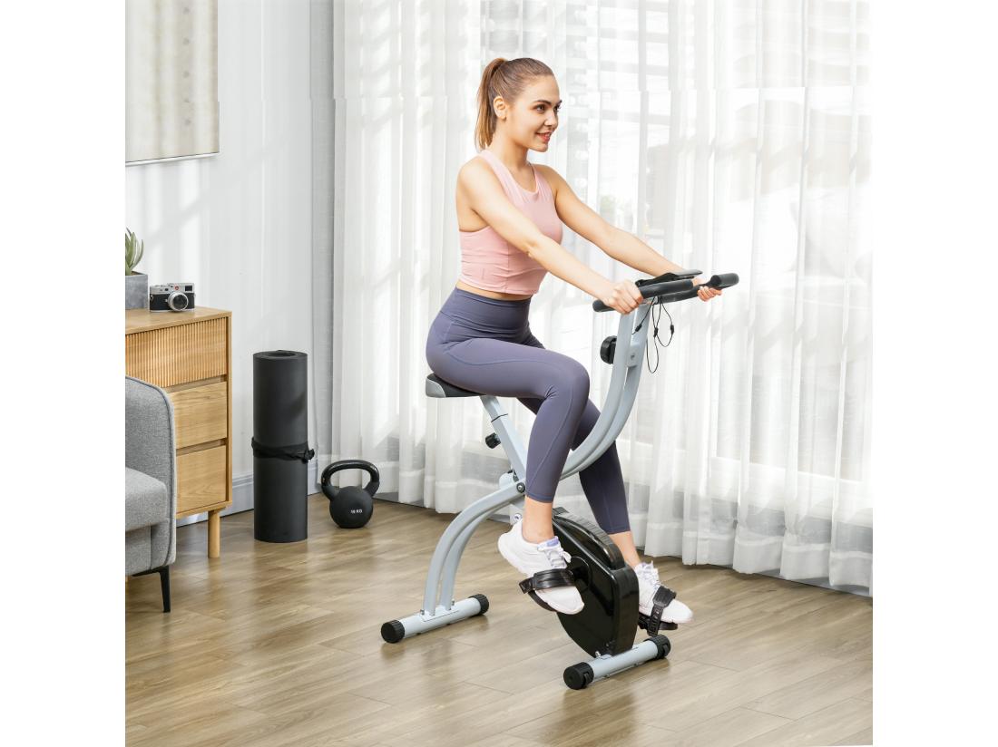 vente unique Vélo d'appartement pliant vélo de fitness vélo d'intérieur 8 niveaux de résistance magnétique selle réglable poignées écran LCD multifonction support tablette acier blanc