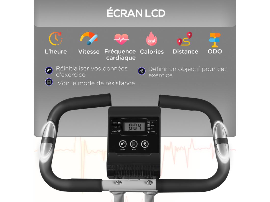 vente unique Vélo d'appartement pliant vélo de fitness vélo d'intérieur 8 niveaux de résistance magnétique selle réglable poignées écran LCD multifonction support tablette acier gris