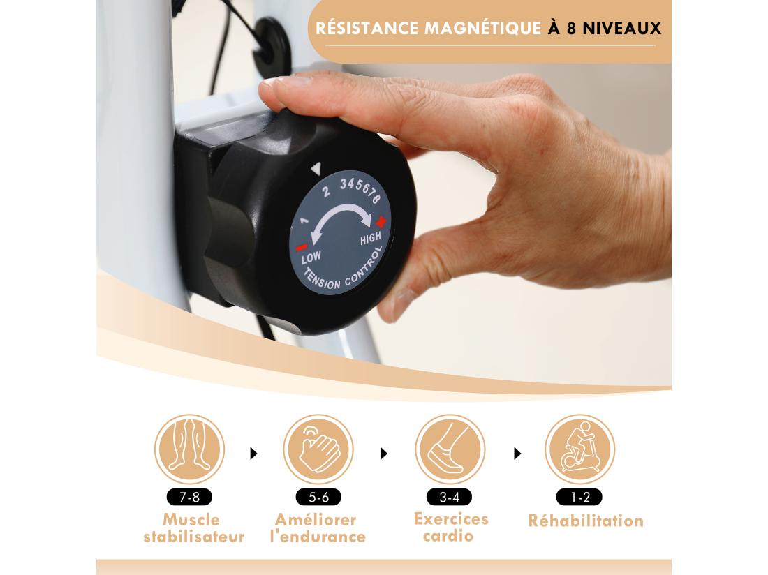 Vente Unique Vélo D'appartement Pliant Vélo Fitness Silencieux Vélo D'intérieur Avec Résistance Magnétique à 8 Niveaux Capteur De Fréquence Cardiaque Siège Réglable écran LCD Et Roulettes Blanc