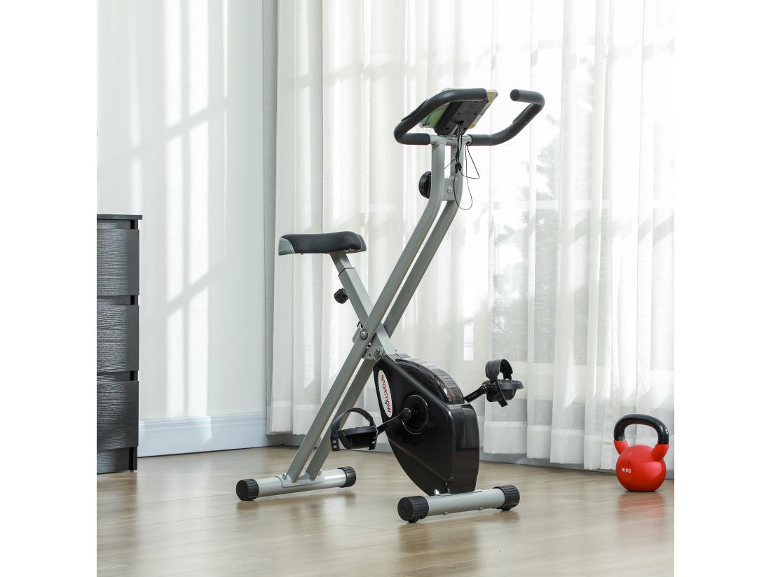 Vente Unique Vélo D'appartement Pliant Vélo Fitness Silencieux Vélo D'intérieur Avec Résistance Magnétique à 8 Niveaux Capteur De Fréquence Cardiaque Siège Réglable écran LCD Et Roulettes Gris