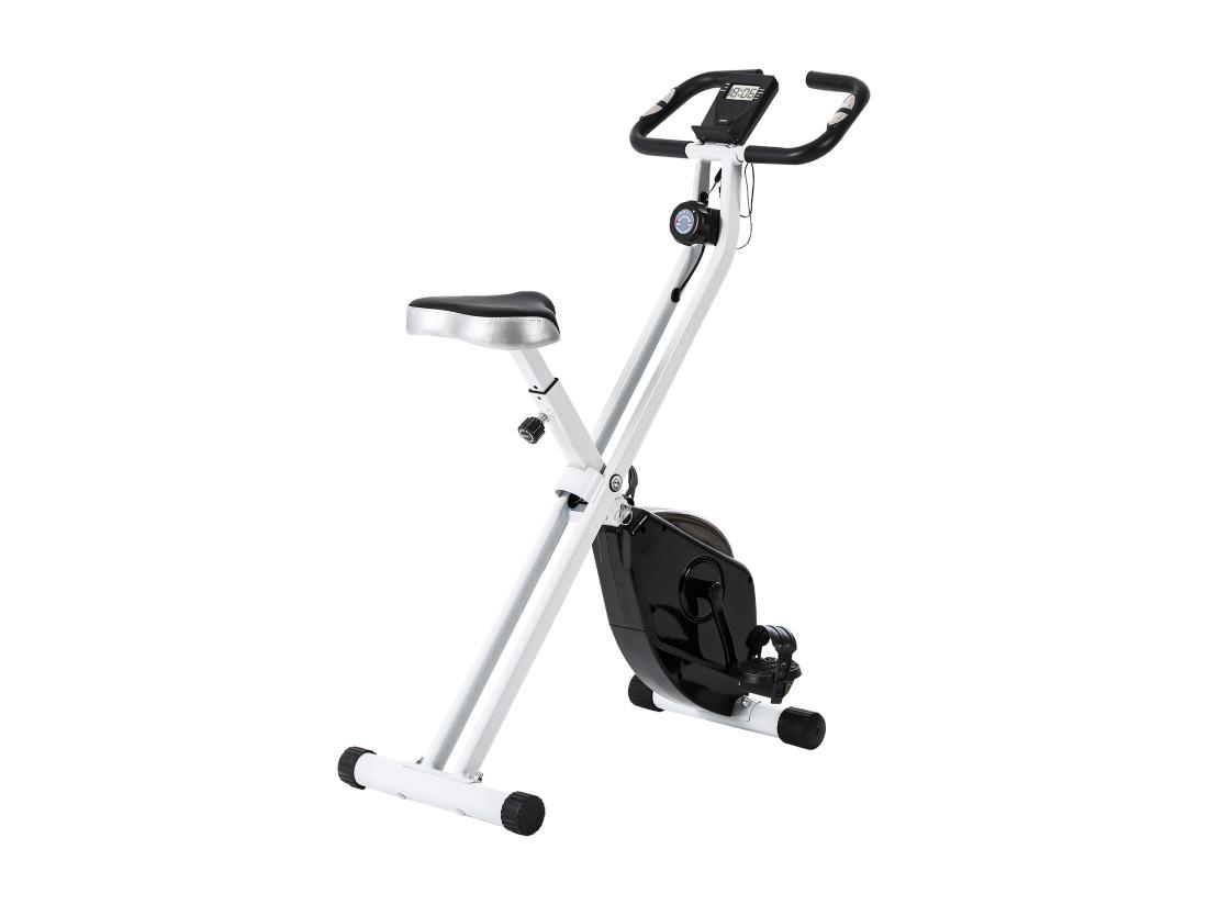 vente unique Vélo d'appartement pliant vélo fitness silencieux vélo d'intérieur avec résistance magnétique à 8 niveaux capteur de fréquence cardiaque siège réglable écran LCD et roulettes blanc