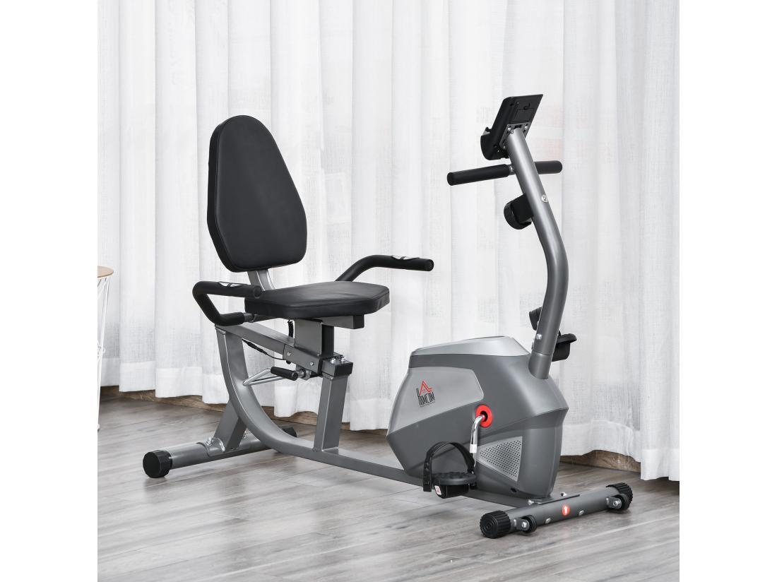 Vente Unique Vélo D'appartement Semi-allongé Magnétique écran LCD Multifonction Siège Résistance Réglable Volant Inertie 3 Kg Gris