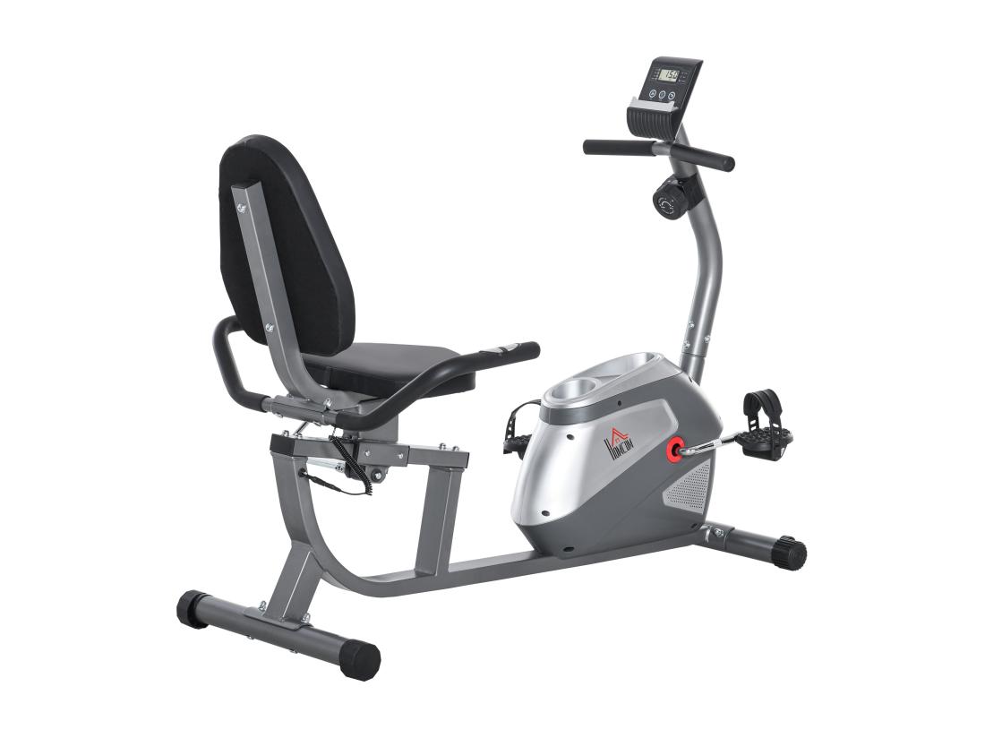 Vente Unique Vélo D'appartement Semi-allongé Magnétique écran LCD Multifonction Siège Résistance Réglable Volant Inertie 3 Kg Gris