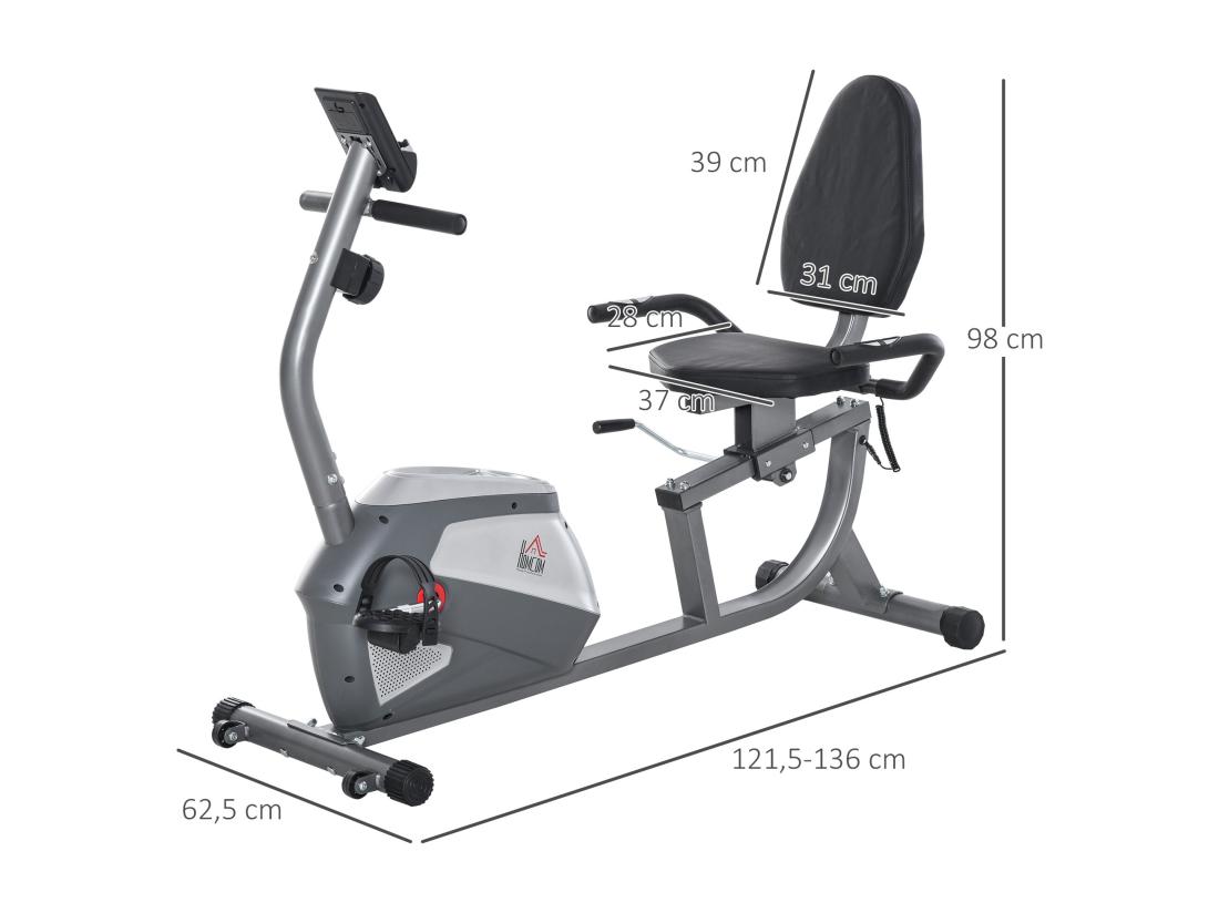 Vente Unique Vélo D'appartement Semi-allongé Magnétique écran LCD Multifonction Siège Résistance Réglable Volant Inertie 3 Kg Gris