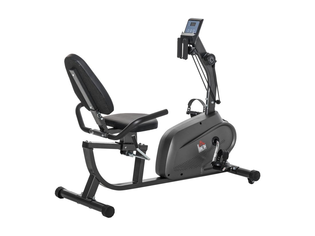 Vente Unique Vélo D'appartement Semi-allongé Magnétique écran LCD Multifonction Selle Réglable 2 Bandes Résistance Acier Noir