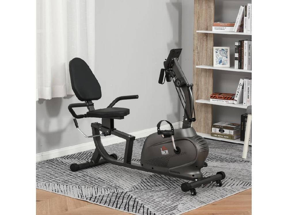 Vente Unique Vélo D'appartement Semi-allongé Magnétique écran LCD Multifonction Selle Réglable 2 Bandes Résistance Acier Noir