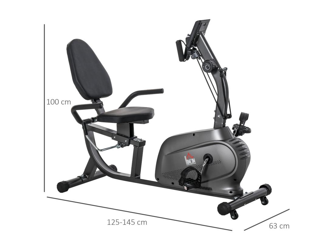 vente unique Vélo d'appartement semi-allongé magnétique écran LCD multifonction selle réglable 2 bandes résistance acier noir