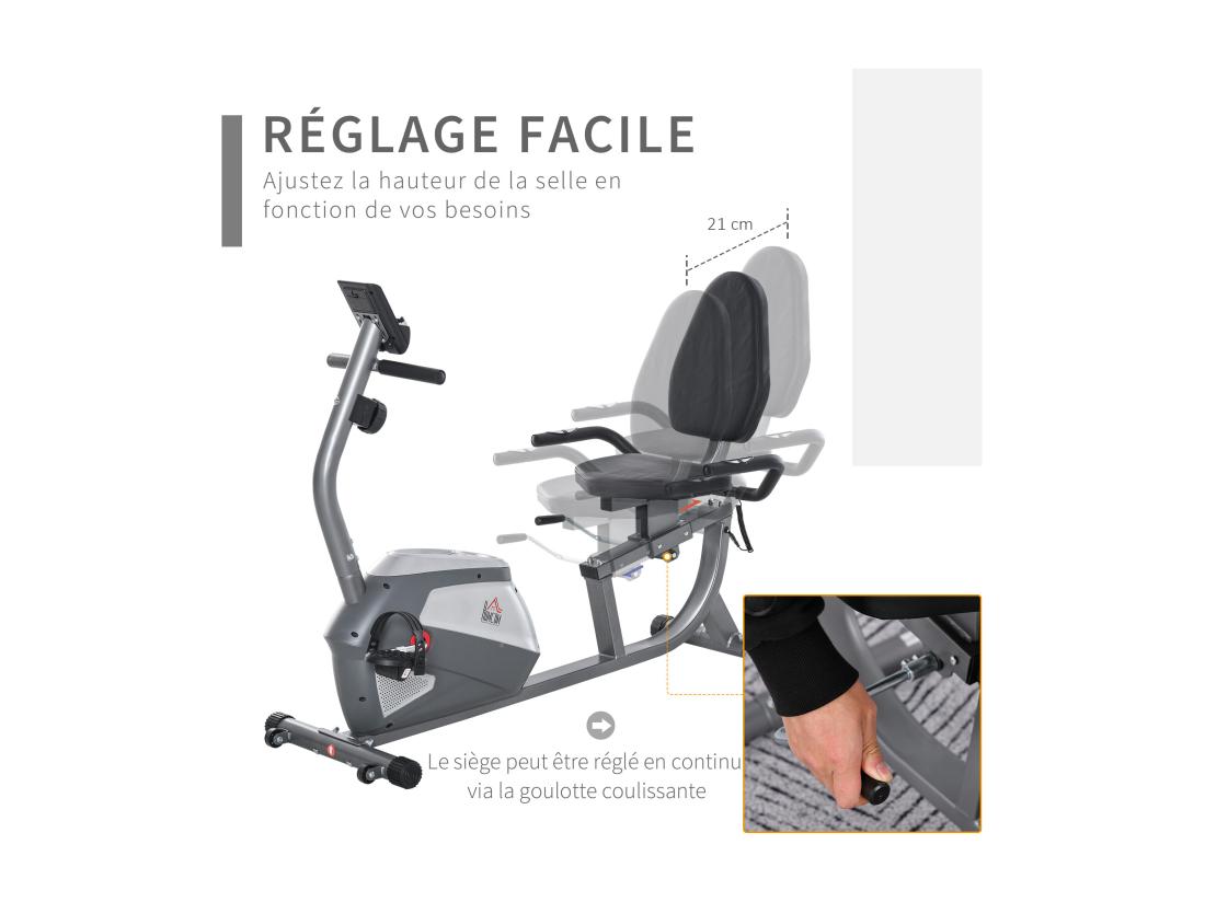 vente unique Vélo d'appartement semi-allongé magnétique écran LCD multifonction siège résistance réglable volant inertie 3 Kg gris