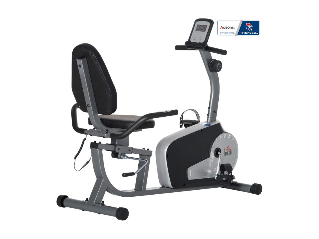 Vente Unique Vélo D'appartement Semi-allongé Magnétique Réglable écran LCD - Collaboration Aosom.fr X FFHandball - Acier ABS Gris Noir