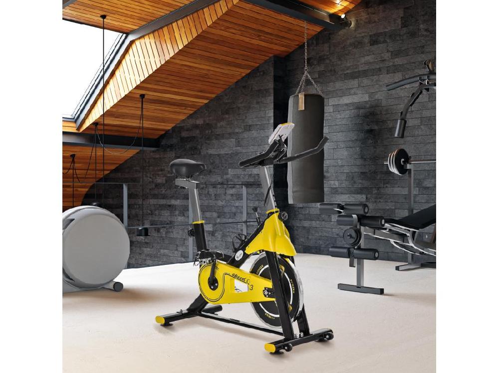 vente unique Vélo d'appartement vélo biking cardio écran LCD multifonctions selle guidon réglables acier noir jaune