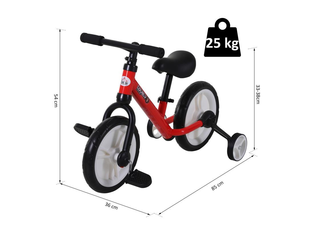 Vente Unique Vélo Enfant Draisienne 2 En 1 Roulettes Et Pédales Amovibles Roues 12" Hauteur Selle Réglable Acier Rouge