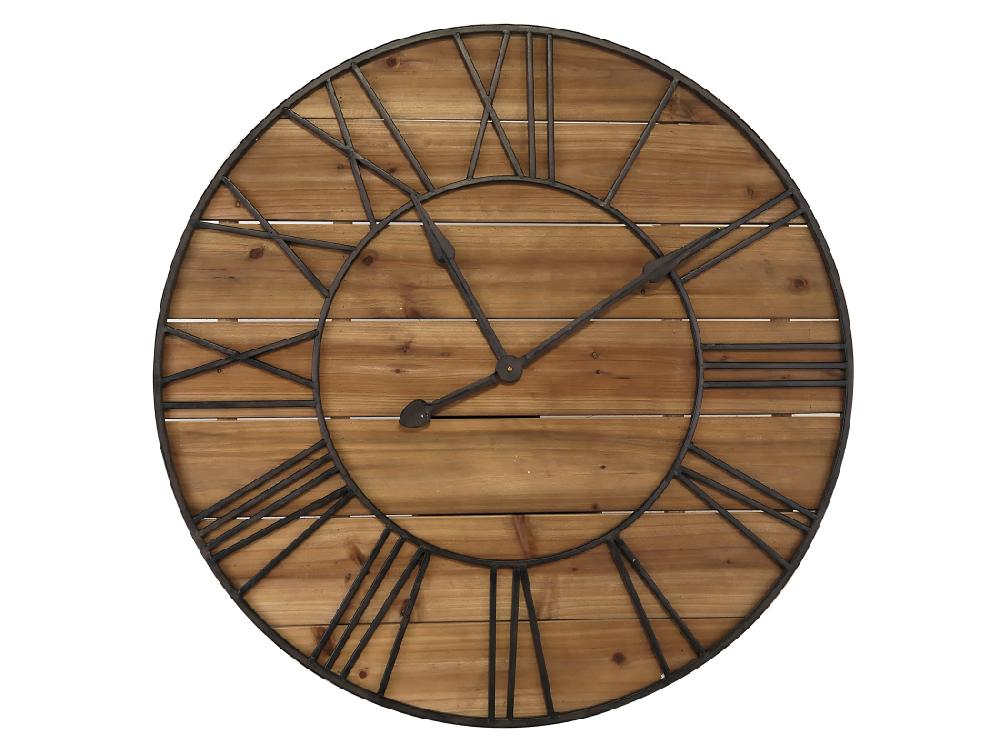 vente unique Horloge ronde métal et bois 90cm