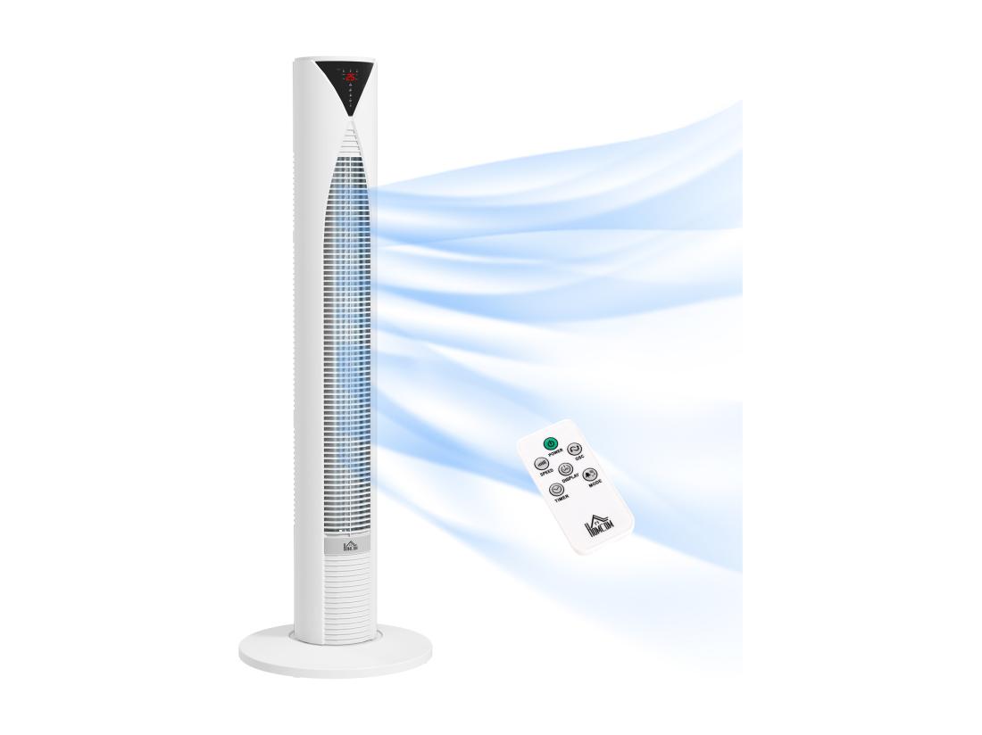 Vente Unique Ventilateur Colonne Tour Oscillant 45 W Silencieux Télécommande Incluse Timer 4 Modes 3 Vitesses Filtre Blanc