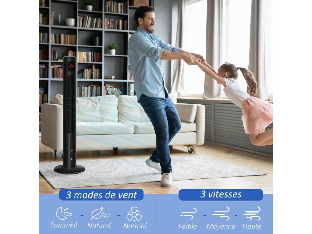 Vente Unique Ventilateur Colonne Tour Oscillant 45 W Silencieux Télécommande Timer 3 Modes 3 Vitesses Noir