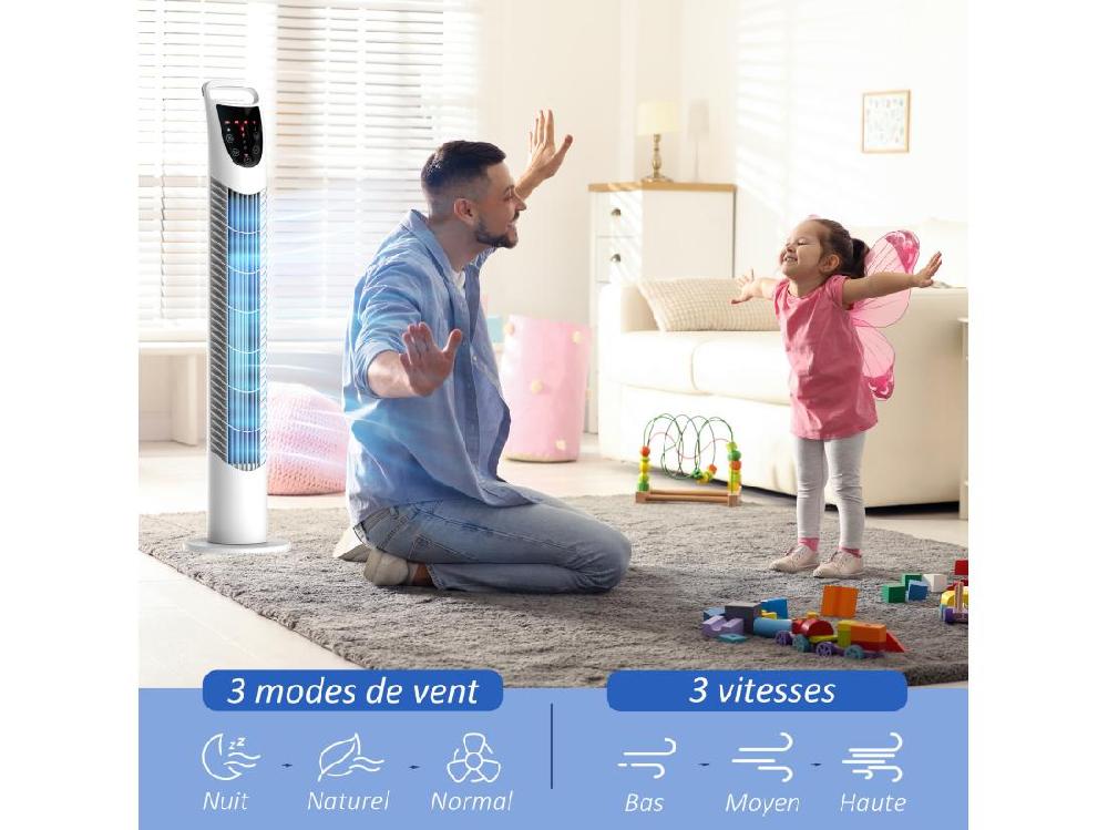 vente unique Ventilateur colonne tour oscillant silencieux 40 W télécommande panneau contrôle tactile 3 vitesses Ø 18 x 78H cm blanc
