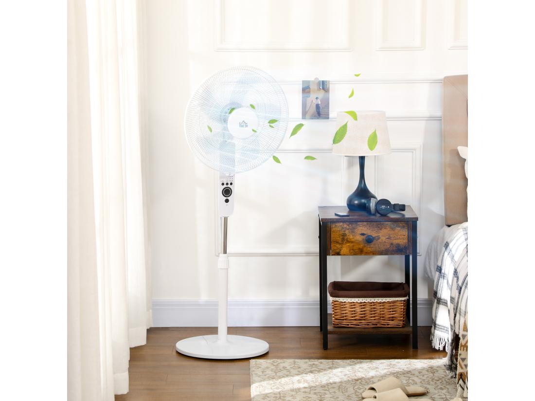 Vente Unique Ventilateur Sur Pied Ø 44 Cm Hauteur Réglable Oscillant Silencieux 45 W Avec Télécommande Minuterie 3 Modes 3 Vitesses Blanc