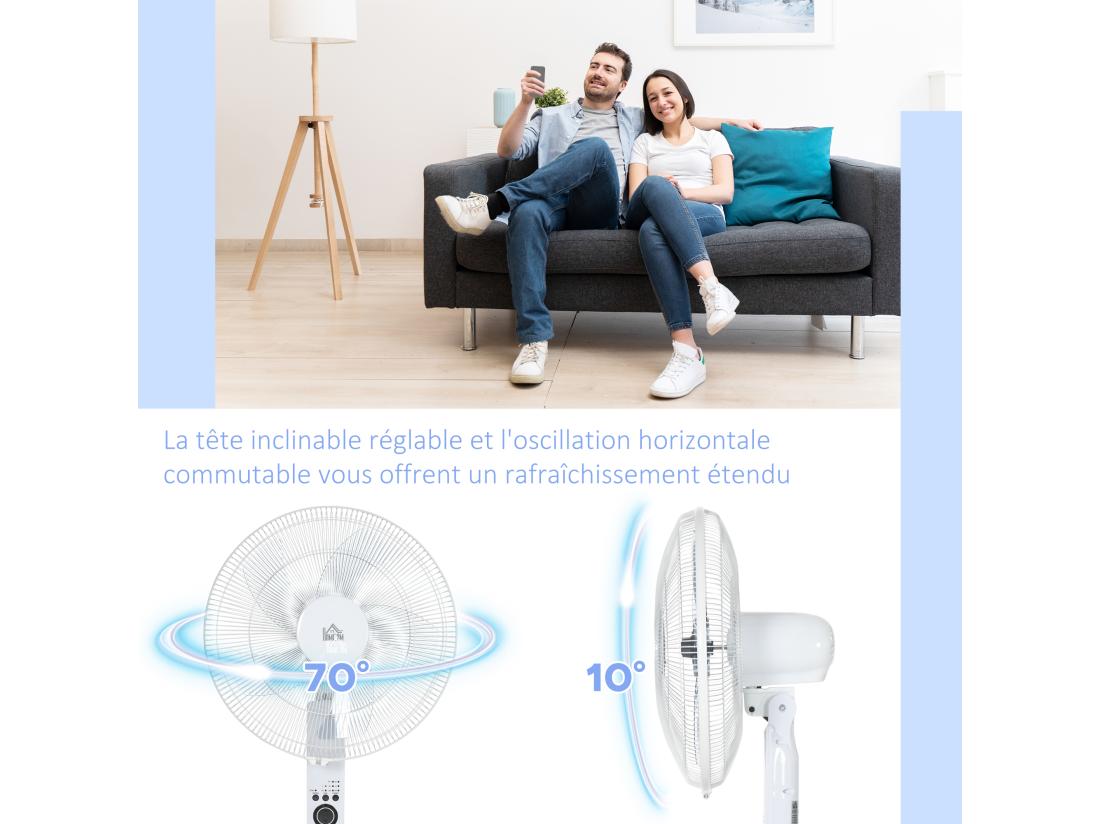 Vente Unique Ventilateur Sur Pied Ø 44 Cm Hauteur Réglable Oscillant Silencieux 45 W Avec Télécommande Minuterie 3 Modes 3 Vitesses Blanc