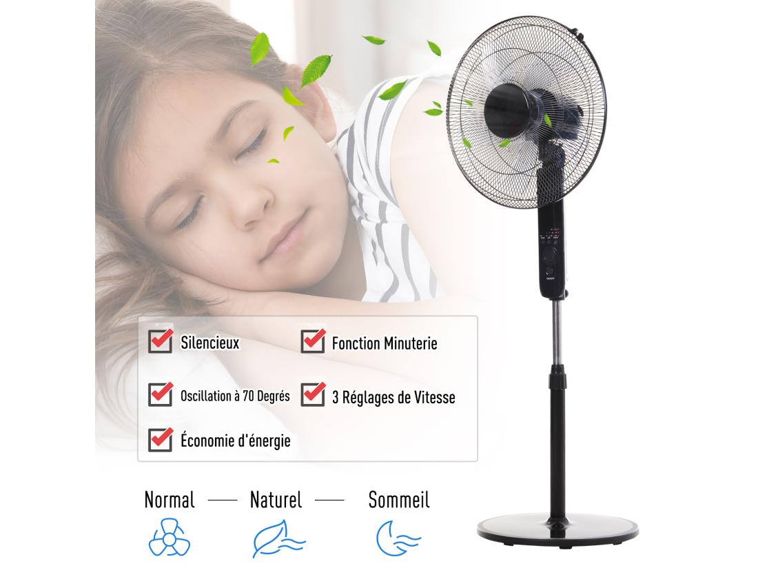 Vente Unique Ventilateur Sur Pied Ø 44 Cm Hauteur Réglable Oscillant Silencieux 45 W Avec Télécommande Minuterie 3 Modes 3 Vitesses Noir
