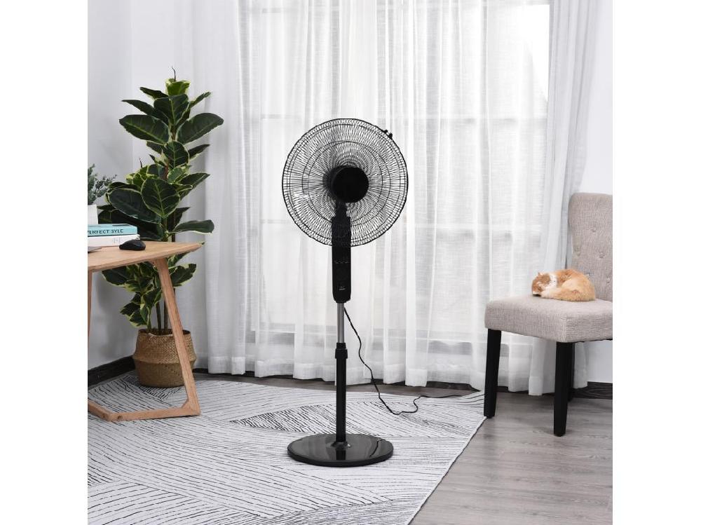 Vente Unique Ventilateur Sur Pied Ø 44 Cm Hauteur Réglable Oscillant Silencieux 45 W Avec Télécommande Minuterie 3 Modes 3 Vitesses Noir