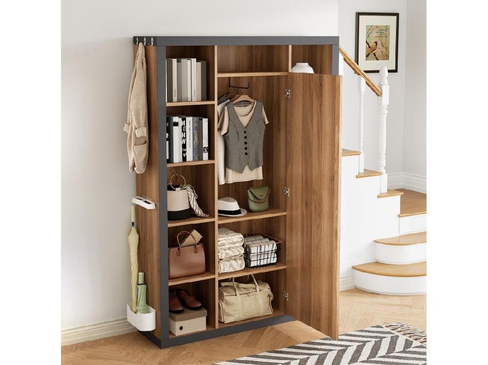 Vente Unique Vestiaire 1 Porte 1 Miroir Et 11 Niches Crochets Latéraux Avec Un Bouclier Parapluie Pour Salon Chambre 115x30x165cm