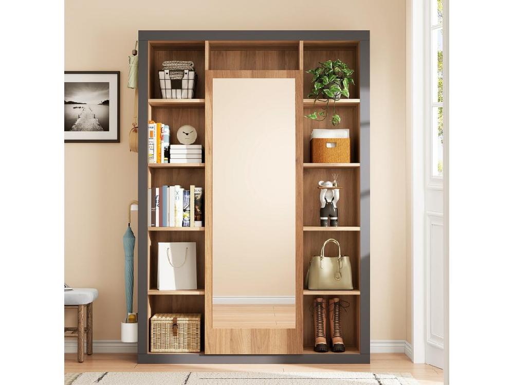 Vente Unique Vestiaire 1 Porte 1 Miroir Et 11 Niches Crochets Latéraux Avec Un Bouclier Parapluie Pour Salon Chambre 115x30x165cm