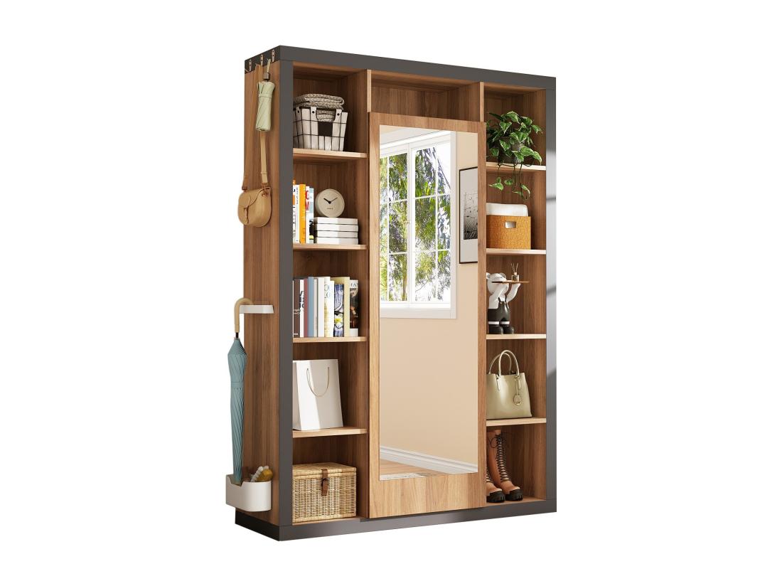 vente unique Vestiaire 1 porte 1 miroir et 11 niches crochets latéraux avec un bouclier parapluie pour salon chambre 115x30x165cm