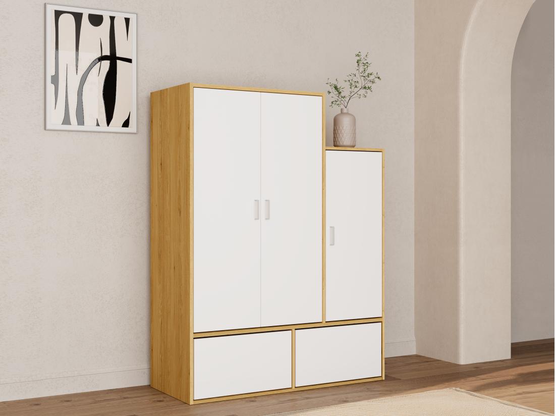 vente unique Vestiaire avec 3 portes 1 penderie et 2 compartiments chaussures - Blanc et naturel - NYVELA