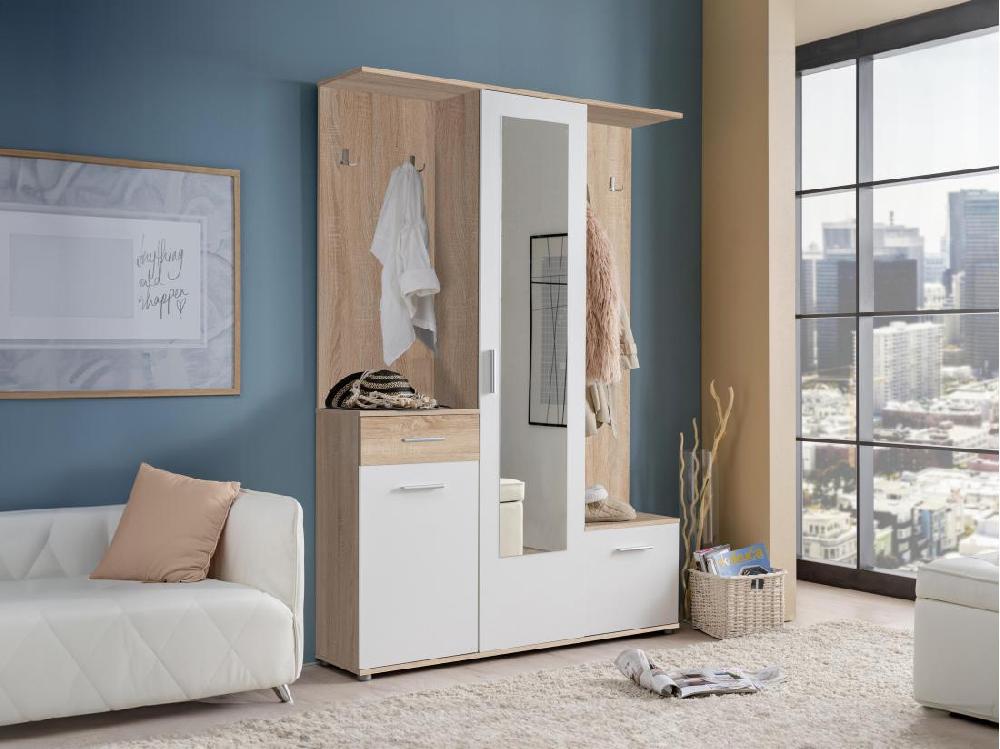 vente unique Vestiaire avec 3 portes 1 tiroir et 1 miroir - Naturel et blanc - CAMOLA