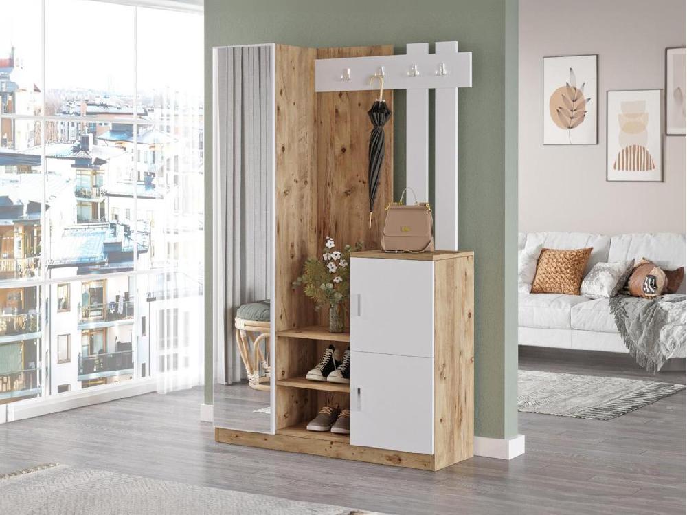 vente unique Vestiaire avec 3 portes et 1 miroir - Blanc et naturel - MIROTA