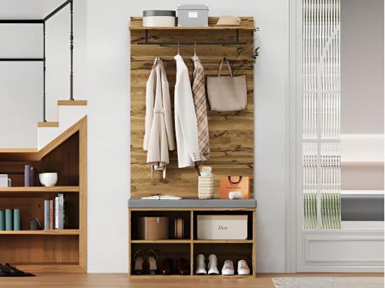 Vente Unique Vestiaire Avec Porte Manteau Et Un Banc à Chaussures - étagères Réglables - Naturel