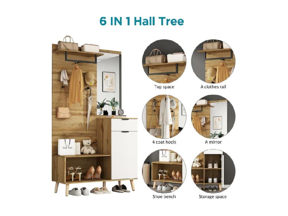 Vente Unique Vestiaire Avec Porte Manteau + Meuble à Chaussures + Miroir - Naturel