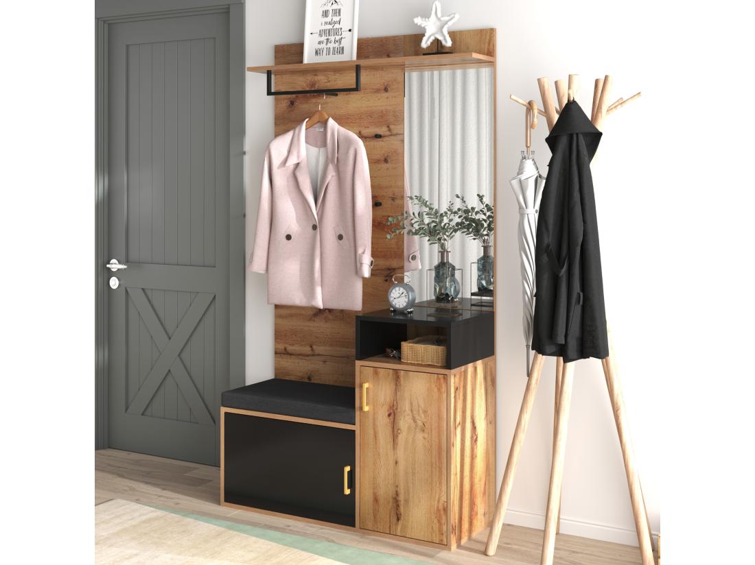 vente unique Vestiaire d'entrée avec miroir et meuble à chaussures - Hauteur 190cm - naturel & noir