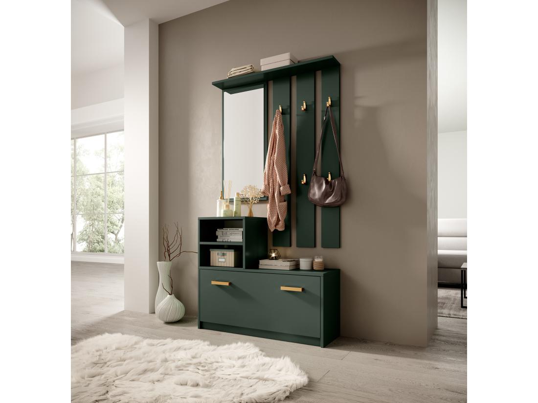 Vente Unique Vestiaire D’entrée / Meuble D’entrée - Vert Bouteille - Armoire à Chaussures - Portemanteau - Miroir - 85 Cm - YESFIR
