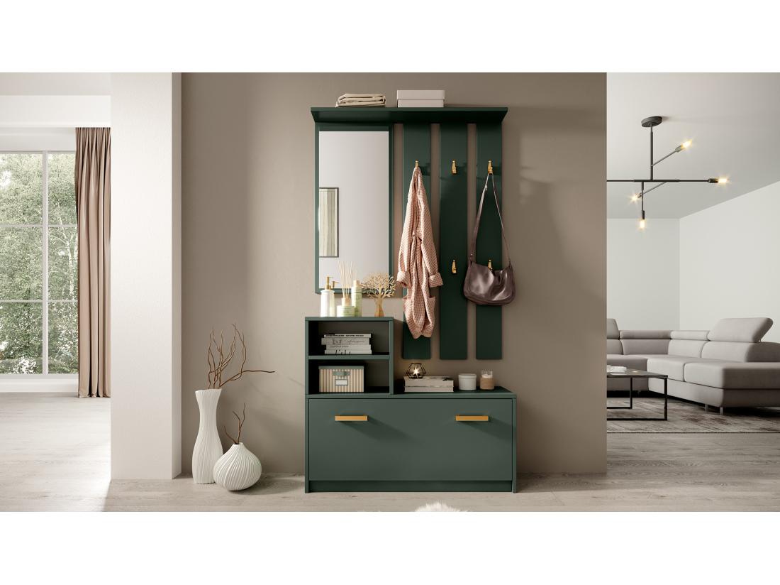 vente unique Vestiaire d’entrée / Meuble d’entrée - vert bouteille - armoire à chaussures - portemanteau - miroir - 85 cm - YESFIR