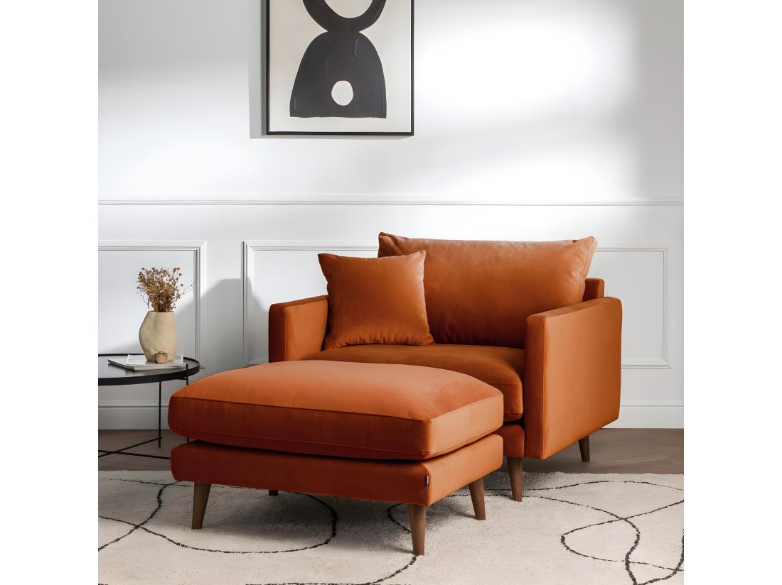 Vente Unique Villabon - Fauteuil XL En Velours Pieds Bois Foncé : Couleur - Rouille