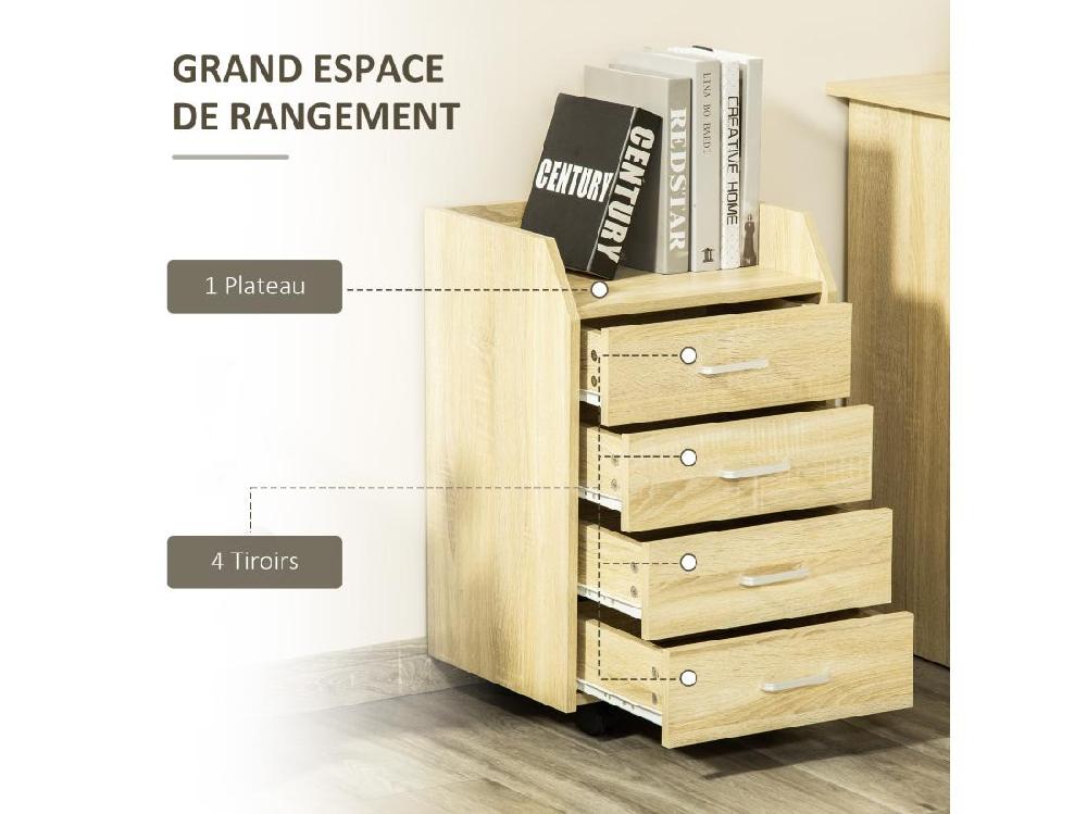 Vente Unique Vinsetto Caisson De Bureau Rangement Bureau Sur Roulettes 4 Tiroirs Coulissants Plateau à Rebord MDF Panneaux Particules Aspect Chêne Clair