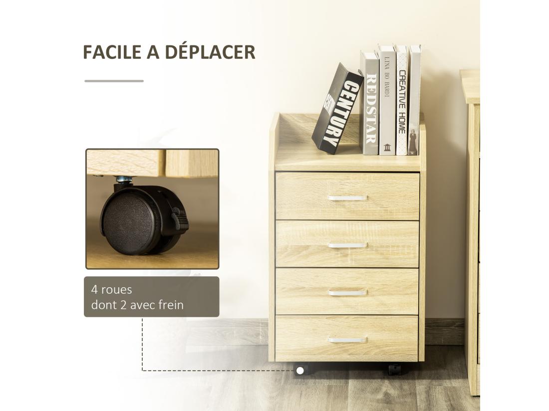 Vente Unique Vinsetto Caisson De Bureau Rangement Bureau Sur Roulettes 4 Tiroirs Coulissants Plateau à Rebord MDF Panneaux Particules Aspect Chêne Clair